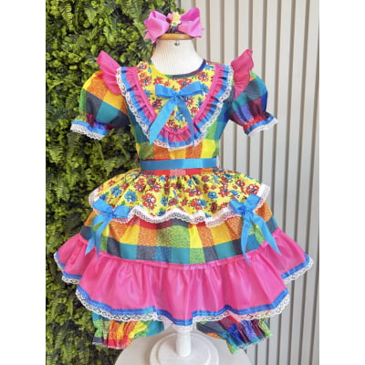 Vestido Infantil Junino Caipira Xadrez Colorido Estampado