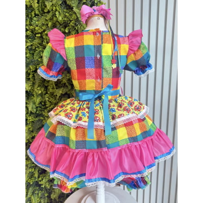 Vestido Infantil Junino Caipira Xadrez Colorido Estampado