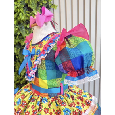 Vestido Infantil Junino Caipira Xadrez Colorido Estampado