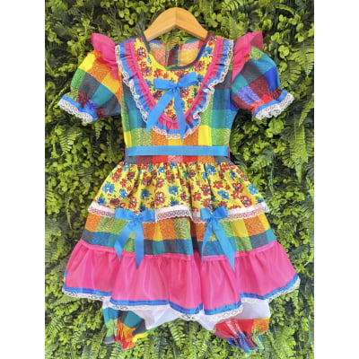 Vestido Infantil Junino Caipira Xadrez Colorido Estampado