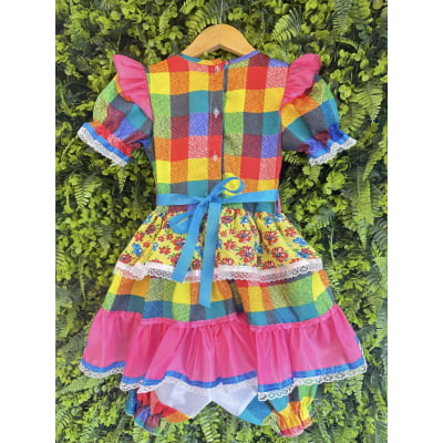 Vestido Infantil Junino Caipira Xadrez Colorido Estampado