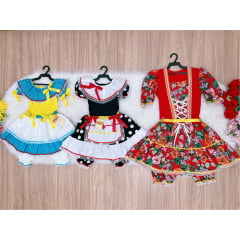 Kit 3 Peças Vestido Fantasia Junino  TAM 2-4-14 Variação Cor