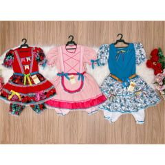 Kit 3 Peças Vestido Fantasia Junino  TAM 4-10-14 Variação Cor
