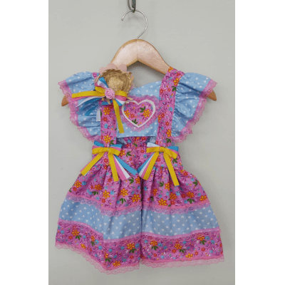 Romper Junino Lilás e Azul Colorido Com Laço de Chapéuzinho