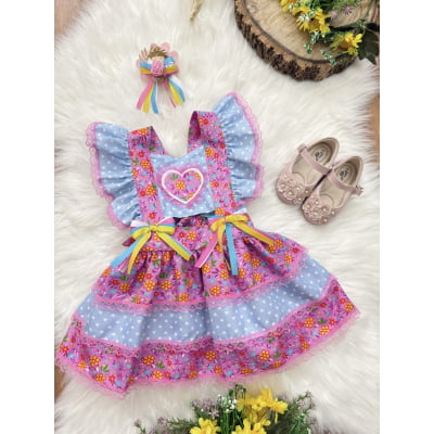 Romper Junino Lilás e Azul Colorido Com Laço de Chapéuzinho