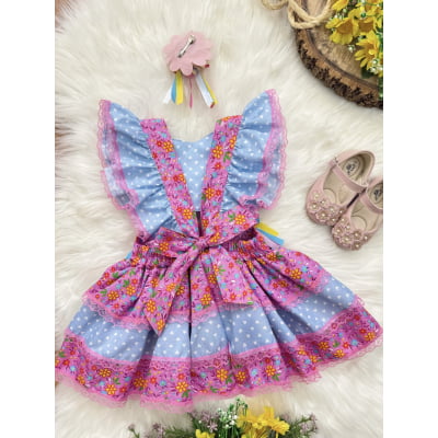 Romper Junino Lilás e Azul Colorido Com Laço de Chapéuzinho