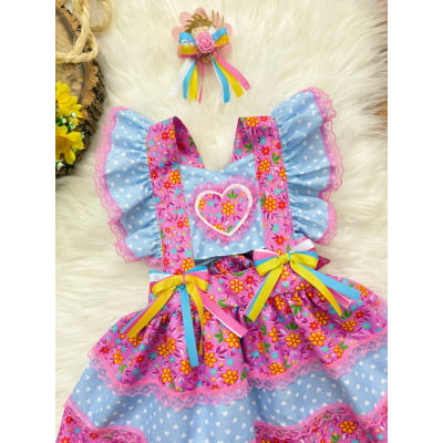 Romper Junino Lilás e Azul Colorido Com Laço de Chapéuzinho