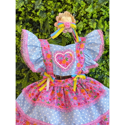 Romper Junino Lilás e Azul Colorido Com Laço de Chapéuzinho