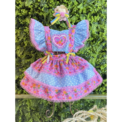 Romper Junino Lilás e Azul Colorido Com Laço de Chapéuzinho
