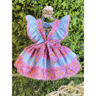 Romper Junino Lilás e Azul Colorido Com Laço de Chapéuzinho