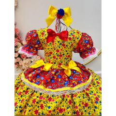 Vestido Infantil Junino Amarelo Arraiá Colorido C/ Broches