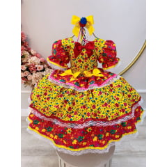 Vestido Infantil Junino Amarelo Colorido C/ Broches Luxo