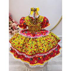 Vestido Infantil Junino Amarelo Colorido C/ Broches Luxo