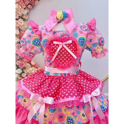 Vestido Infantil Junino Arraiá Rosa C/ Estampa Colorida