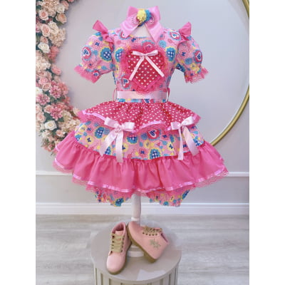 Vestido Infantil Junino Arraiá Rosa C/ Estampa Colorida
