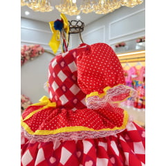 Vestido Infantil Junino Arraiá Vermelho Estampas Corações