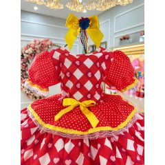 Vestido Infantil Junino Arraiá Vermelho Estampas Corações