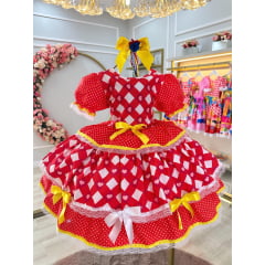 Vestido Infantil Junino Arraiá Vermelho Estampas Corações
