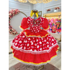 Vestido Infantil Junino Arraiá Vermelho Estampas Corações