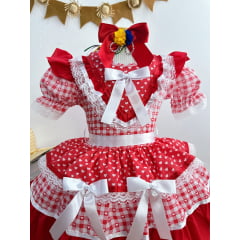 Vestido Infantil Junino Arraiá Vermelho Xadrez C/ Babados