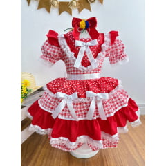 Vestido Infantil Junino Arraiá Vermelho Xadrez C/ Babados