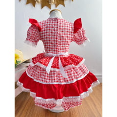 Vestido Infantil Junino Arraiá Vermelho Xadrez C/ Babados