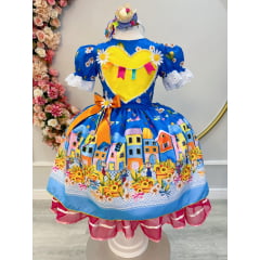 Vestido Infantil Junino Azul Colorido Festa Folia Premium