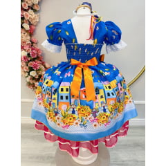 Vestido Infantil Junino Azul Colorido Festa Folia Premium