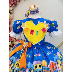 Vestido Infantil Junino Azul Colorido Festa Folia Premium