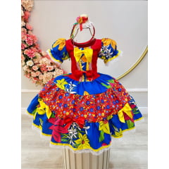 Vestido Infantil Junino Azul Royal Colorido C/ Broches Luxo