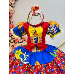 Vestido Infantil Junino Azul Royal Colorido C/ Broches Luxo