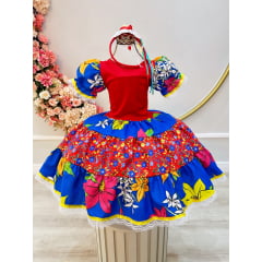 Vestido Infantil Junino Azul Royal Colorido C/ Broches Luxo