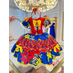 Vestido Infantil Junino Azul Royal Colorido C/ Broches Luxo
