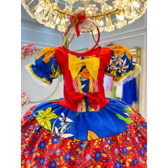 Vestido Infantil Junino Azul Royal Colorido C/ Broches Luxo