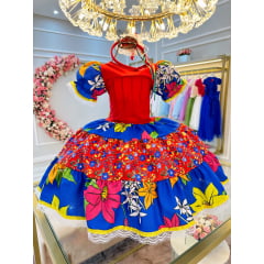Vestido Infantil Junino Azul Royal Colorido C/ Broches Luxo