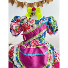 Vestido Infantil Junino Caipira Azul Florzinhas Coloridas