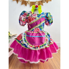 Vestido Infantil Junino Caipira Azul Florzinhas Coloridas