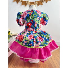 Vestido Infantil Junino Caipira Azul Florzinhas Coloridas