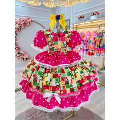 Vestido Infantil Junino Caipira Pink Com Estampas Colorida