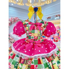 Vestido Infantil Junino Caipira Pink Com Estampas Colorida