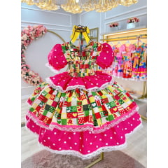 Vestido Infantil Junino Caipira Pink Com Estampas Colorida
