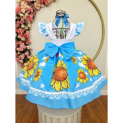 Vestido Infantil Junino Festas Azul Girassol Colorido