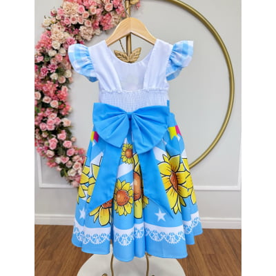 Vestido Infantil Junino Festas Azul Girassol Colorido