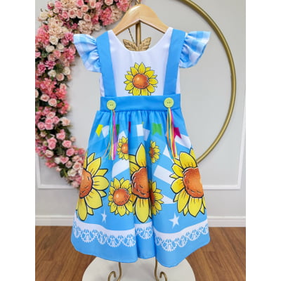 Vestido Infantil Junino Festas Azul Girassol Colorido