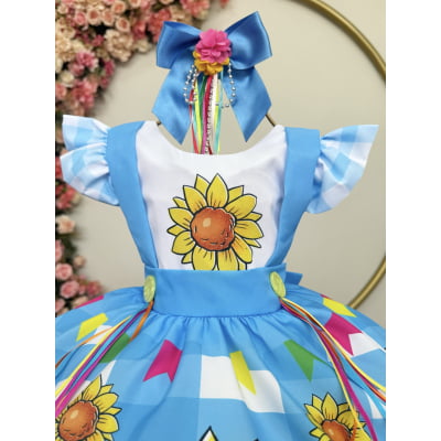Vestido Infantil Junino Festas Azul Girassol Colorido