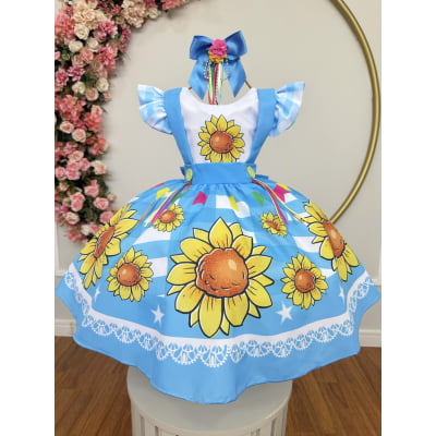 Vestido Infantil Junino Festas Azul Girassol Colorido