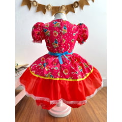Vestido Infantil Junino Pink e Vermelho Colorido Festa São João