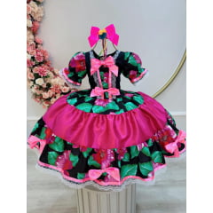 Vestido Infantil Junino Preto Colorido C/ Broches Luxo