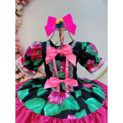 Vestido Infantil Junino Preto Colorido C/ Broches Luxo