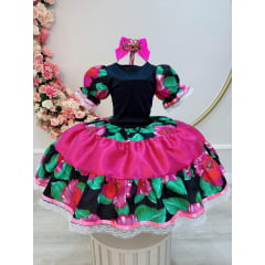 Vestido Infantil Junino Preto Colorido C/ Broches Luxo